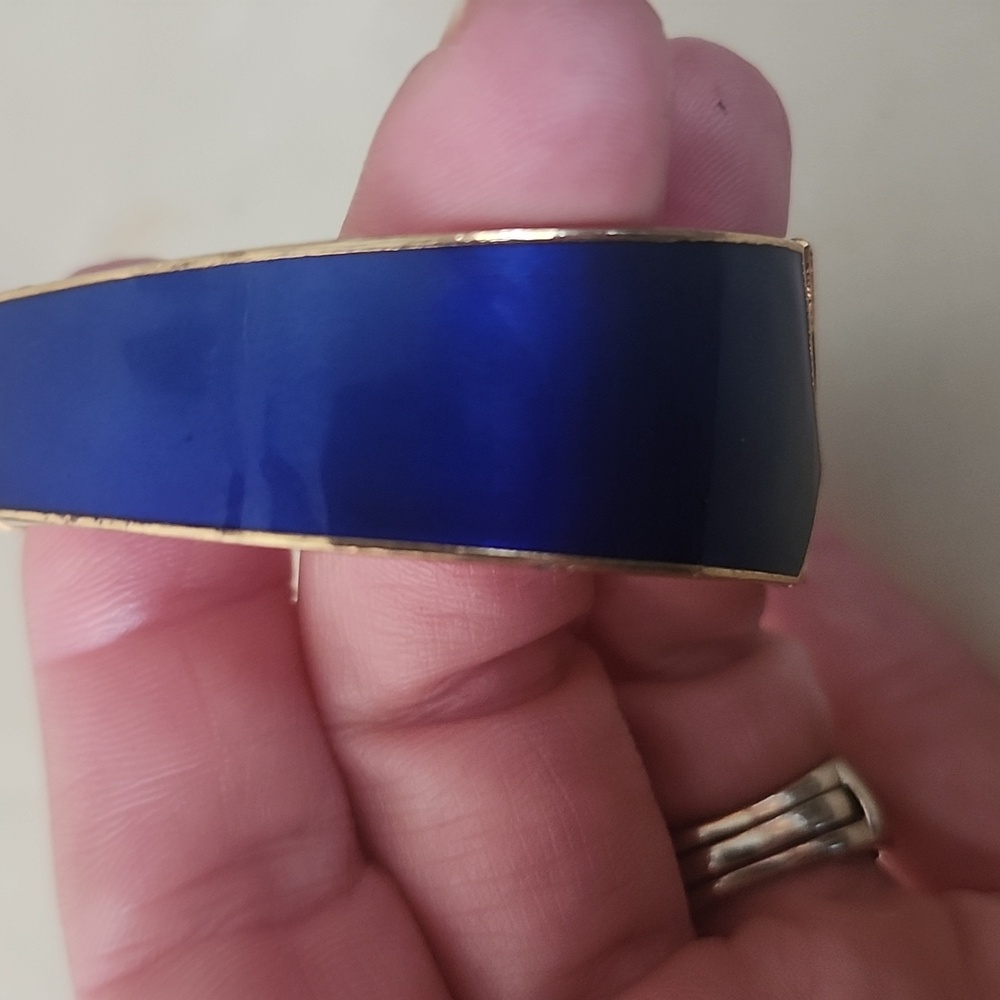 Enamel Art Deco Blue & Goldtone Bangle Bracelet Marked Dami Ls View 5